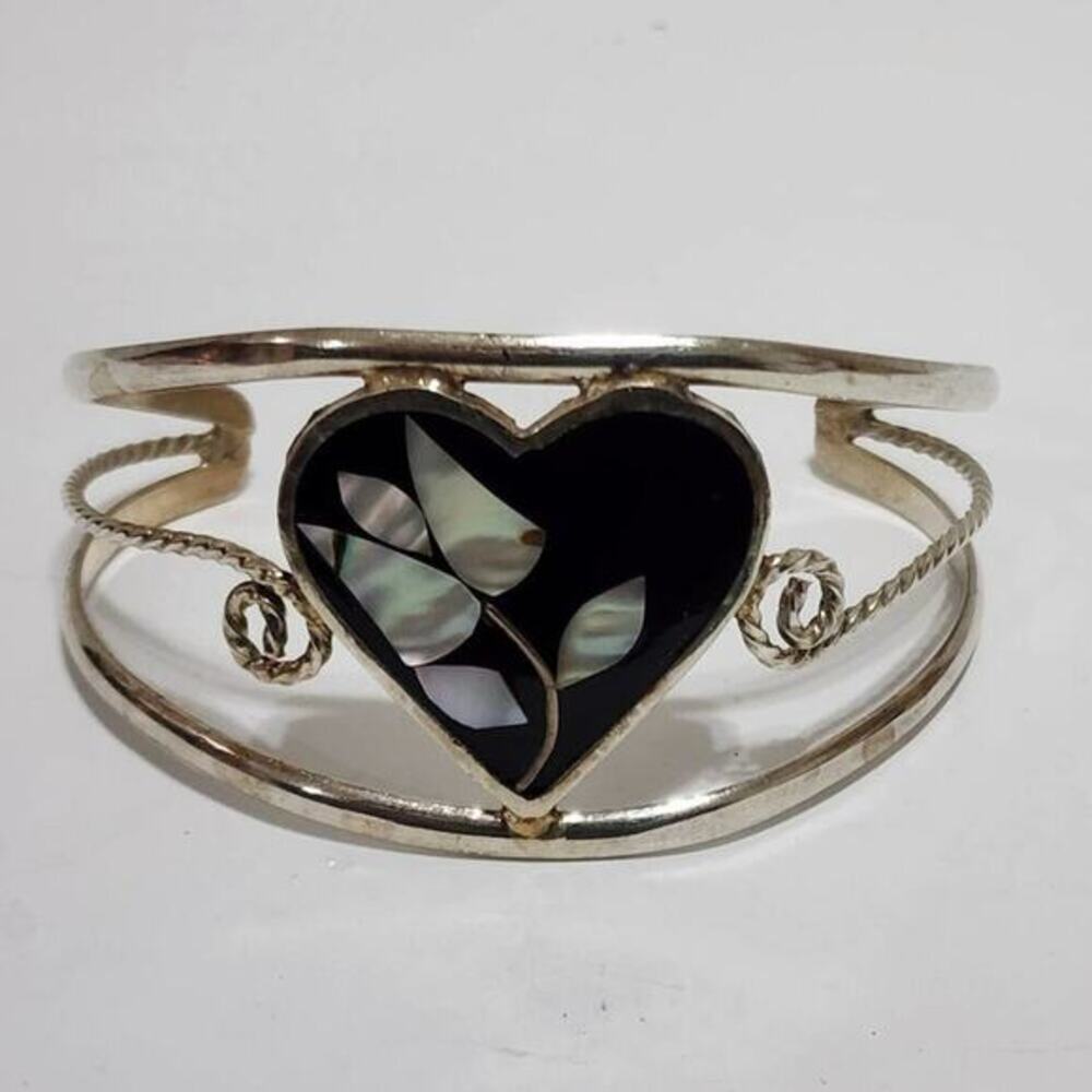 VINTAGE Alpaca Mexico‎ silver abalone cuff bracelet
